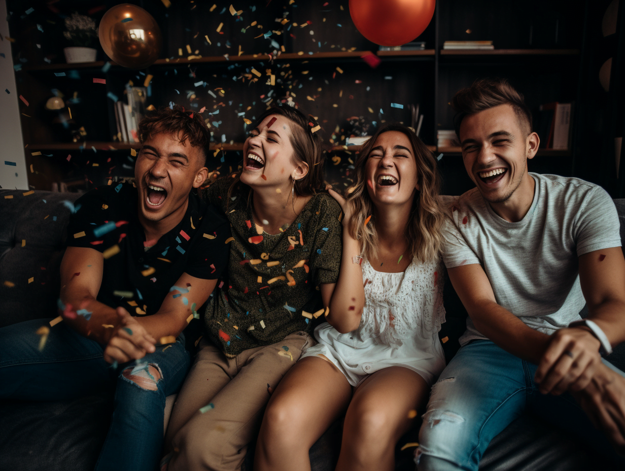 4 people laughing with confetti flying in the air